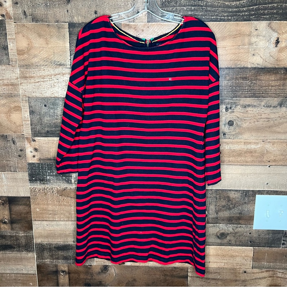 Tommy Hilfiger Shirt Dress Womens Large Striped Red Stretch Knee Length